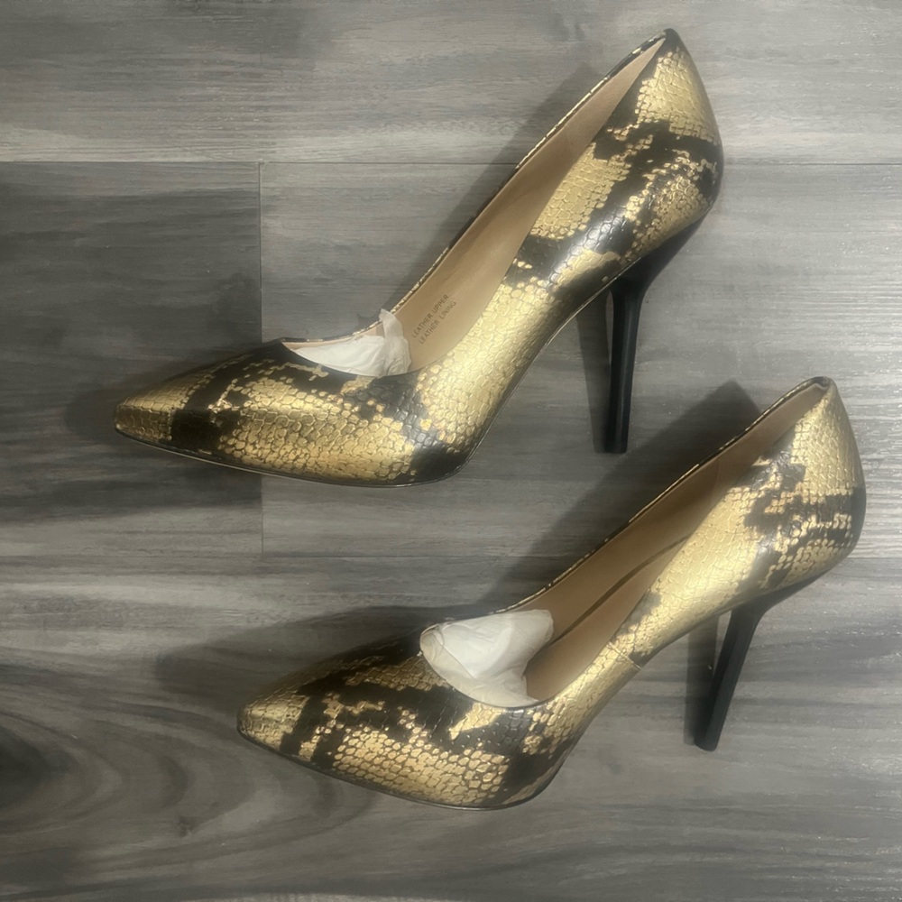 Via Spiga Gold and Black Snake Print Heels